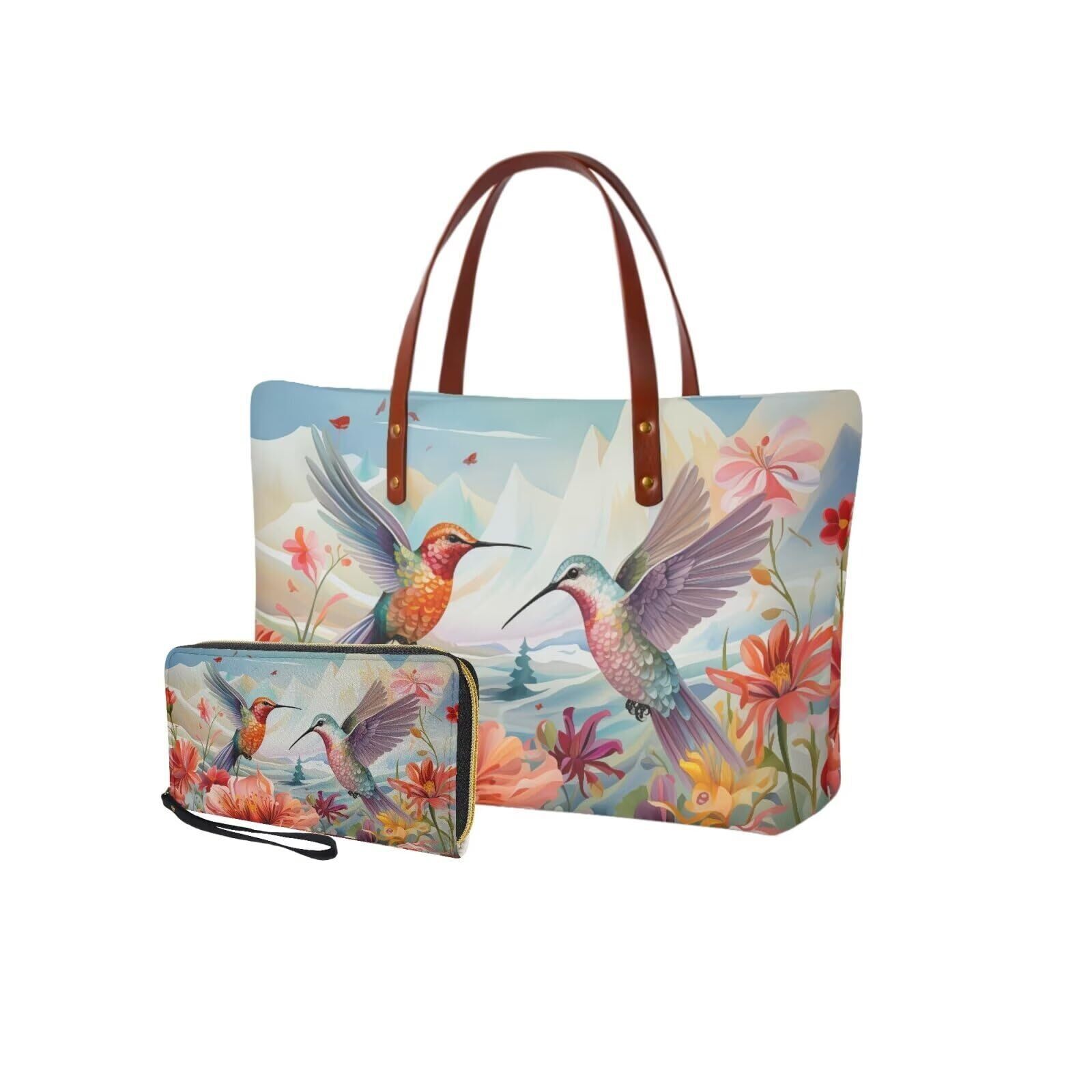 4726 Hummingbird Flower Tote Bag With Wallet, Blue Shoulder Bags , Top